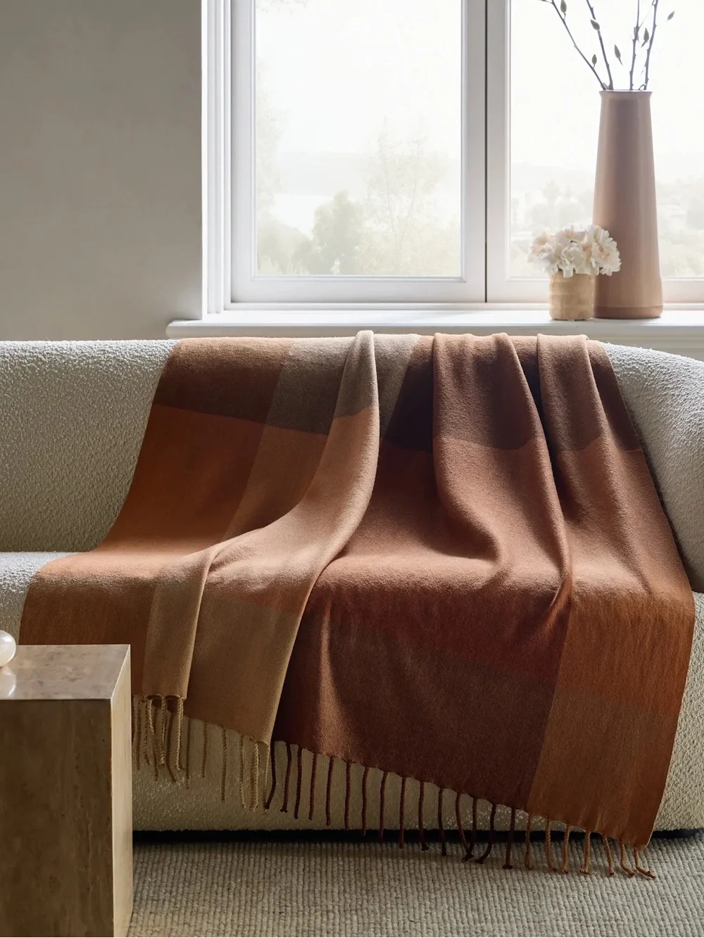 Lambswool Throw Blanket in Brown/Amber Plaid